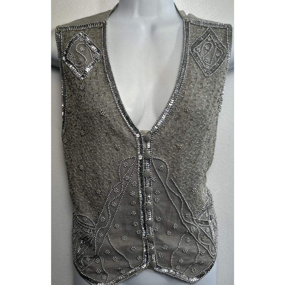 Spenser Jeremy Beaded Sequin Silk Vest M Gray Silver V-neck Button Glam Western